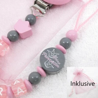 GIFT-STORE24 Schnullerkette mit Namen, rosa, grau, kleine Prinzessin, Krone, Mädchen, Baby