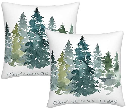 Set of 2 18x18 Blue Green Watercolor Christmas Tree Pillow Covers