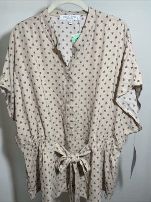 SWEET RAIN Sand Beige With Black Chevron's Button Front Belted Blouse Top 2X NWT
