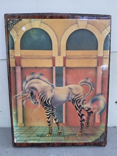 VTG 1980'S SUE DAWE LACQUERED WOOD UNICORN PICTURE 16" X 21.5"