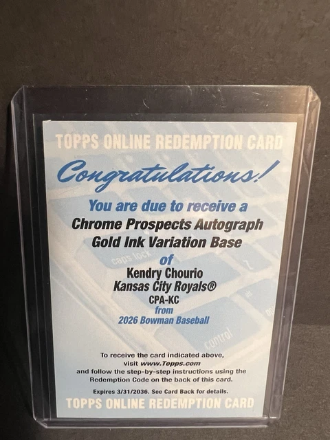 2026 BOWMAN CHROME KENDRY CHOURIO GOLD INK AUTO /15 REDEMPTION CPA-JC 🔥RARE🔥