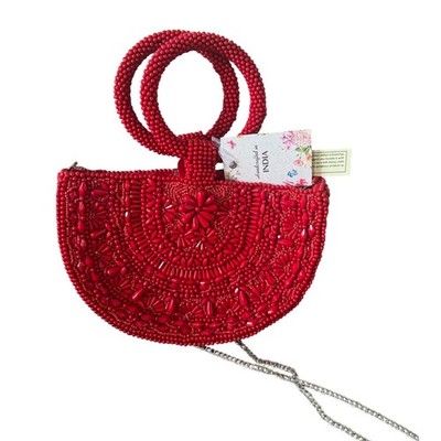 Viral Handcrafted Red Beaded Half Moon Tote Crossbody Strap Bag NWT