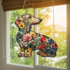 Floral Dachshund acrylic suncatcher personalized Doxie ornament, pet memorial.