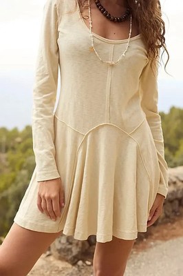 Free People Twilight Cove Mini Dress Flax Straw Flared Scoop Neck Raw New XL
