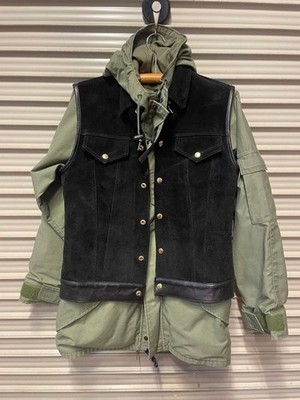 ALPHA M51 Fish Tail Parka & Suede Vest Military Jacket Size L Green