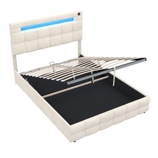 Hydraulic Ottoman Storage Bed 4ft6 Double Upholstered Bed Frame with LED Light