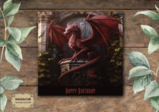 DRA 020 Fantasy Birthday Card Red Dragon on Pedestal - 14.5 cm Square