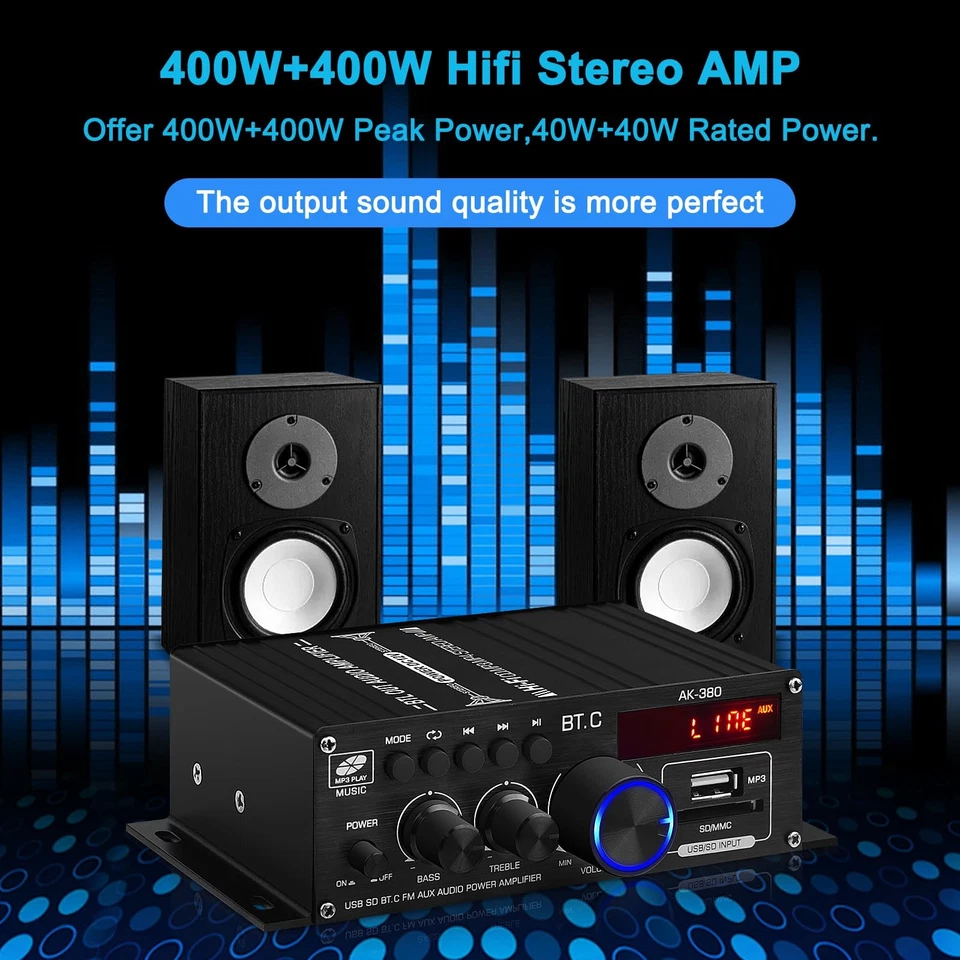 AK-380 USB SD BT.C FM AUX Audio Power Amplifier 400W+400W 2.0 CH HiFi Stereo ... - Image 2 of 4
