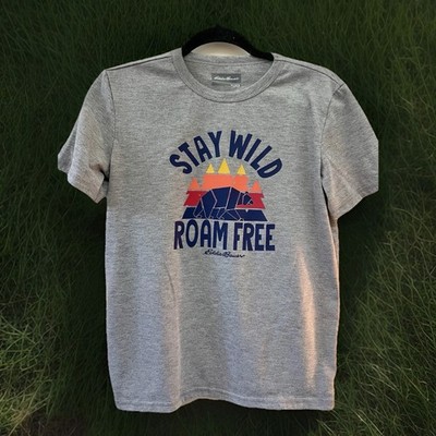 Eddie Bauer Kids ''Stay Wild Roam Free'' T-shirt in gray heather cotton. Kids L