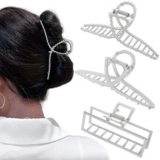3pcs Hair Claw clips for Women, Metal Silver Large Hair clips for Thick Thin ...