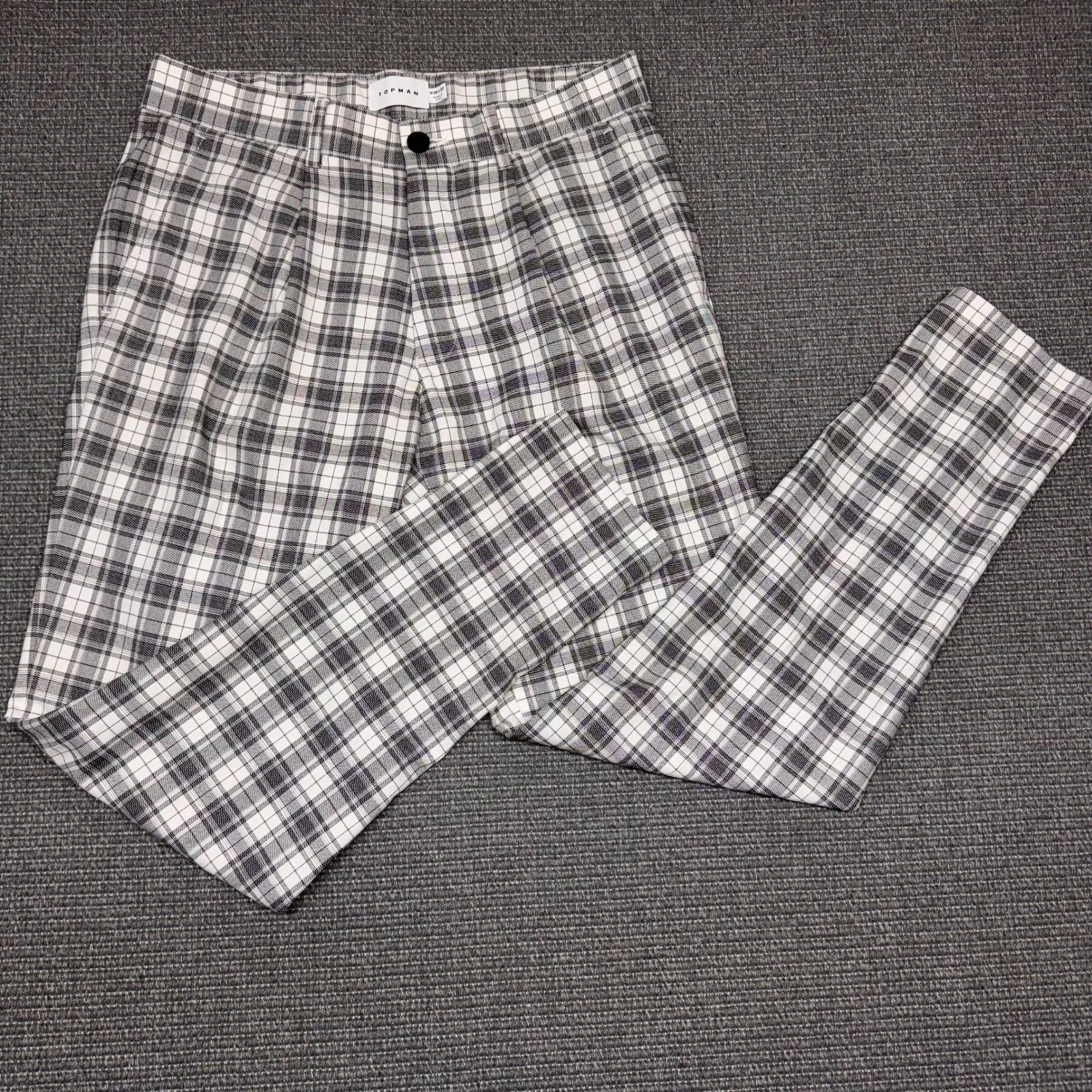Topman Mens Plaid Pleated Trousers Black White Checkered Slim Fit Pants W30 L32