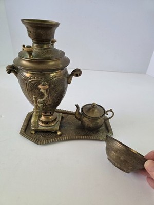 Antique Persian/Russian Brass Samovar Set Hand-Engraved Urn, Tray, Teapot, Cup