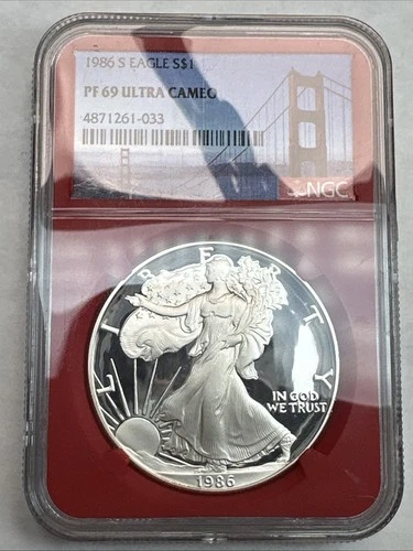 1986 S PROOF SILVER EAGLE NGC PF69 ULTRA CAMEO GOLDEN GATE BRIDGE LABEL RED CORE