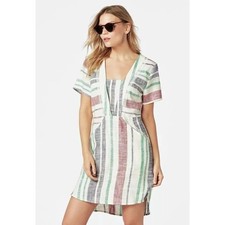 JUSTFAB Linen Blend Hi-Low Stripe Shift Dress Swim Cover Up Sz M