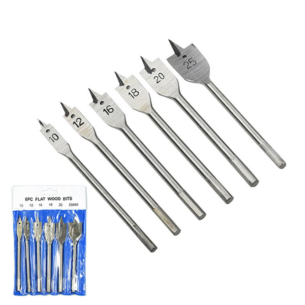 6PCS Spade Drill Bit Set Paddle Wood Boring Flat Woodworking Tool 1 4
