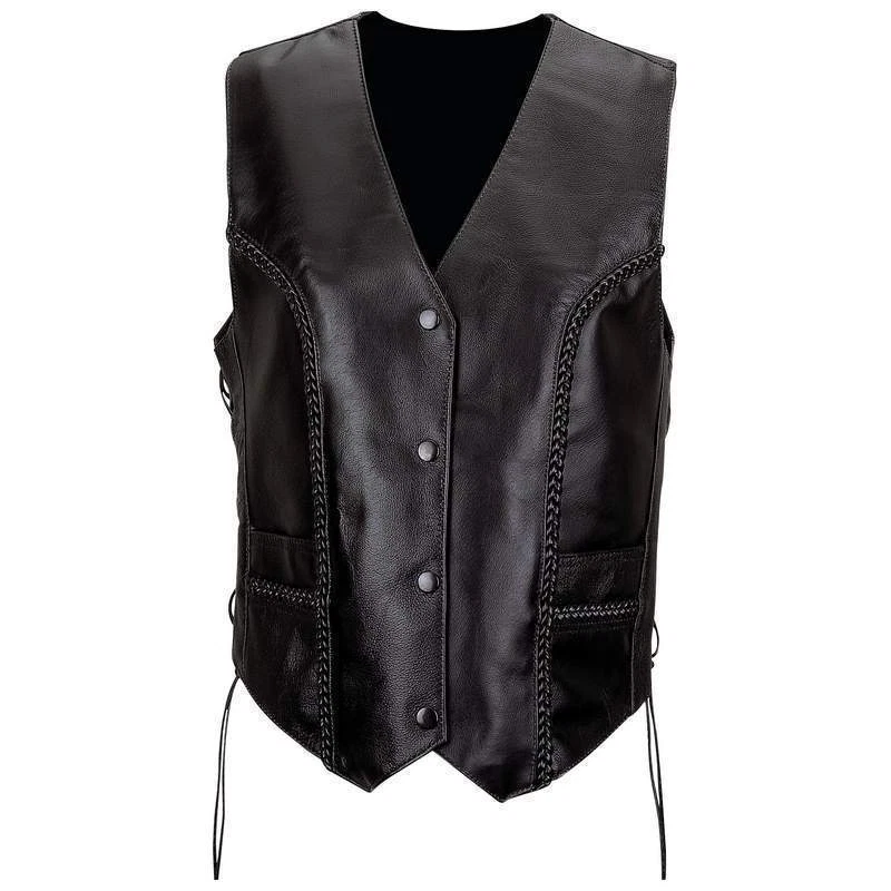 womens Ladies solid Soft leather biker motorcycle vest black concealed carry