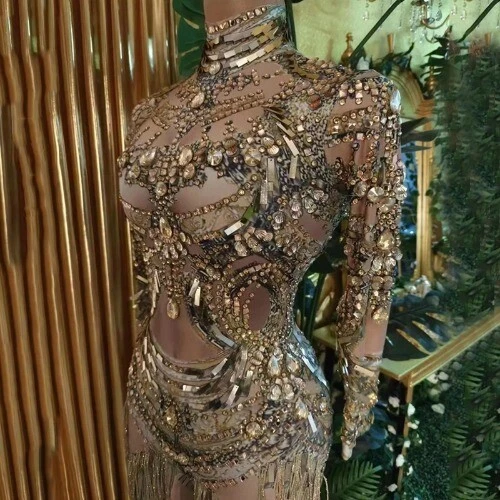 Luxury Sequin Print Fringes Crystal Rhinestones Gold Jumpsuit Women Dancer Stage - Imagem 2 de 4