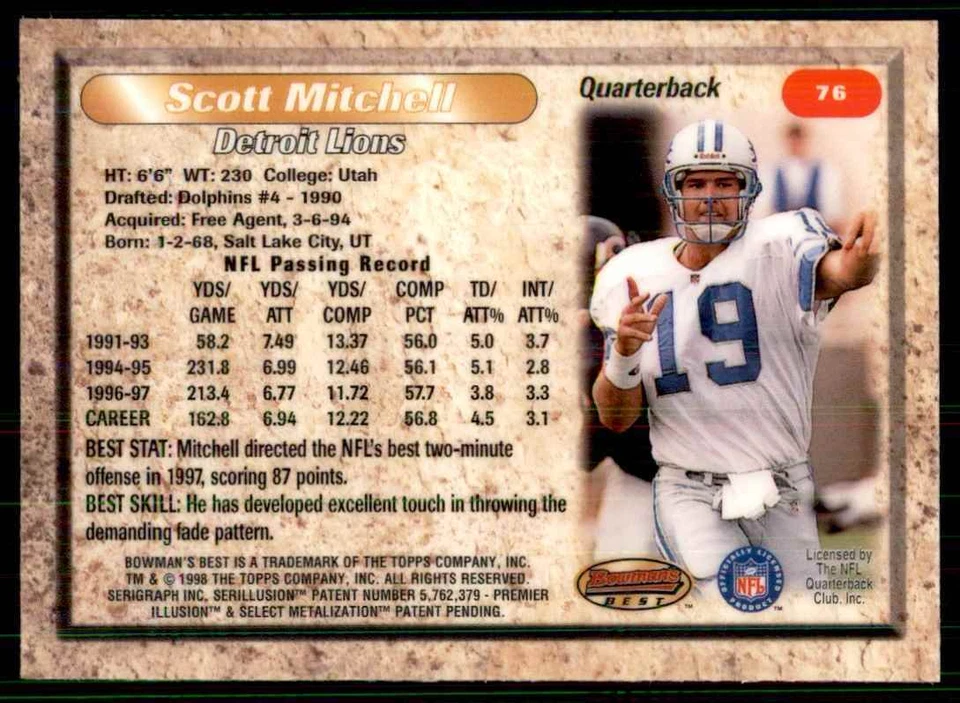1998 Bowman's Best Scott Mitchell Football Cards #76 - Image 2 of 2