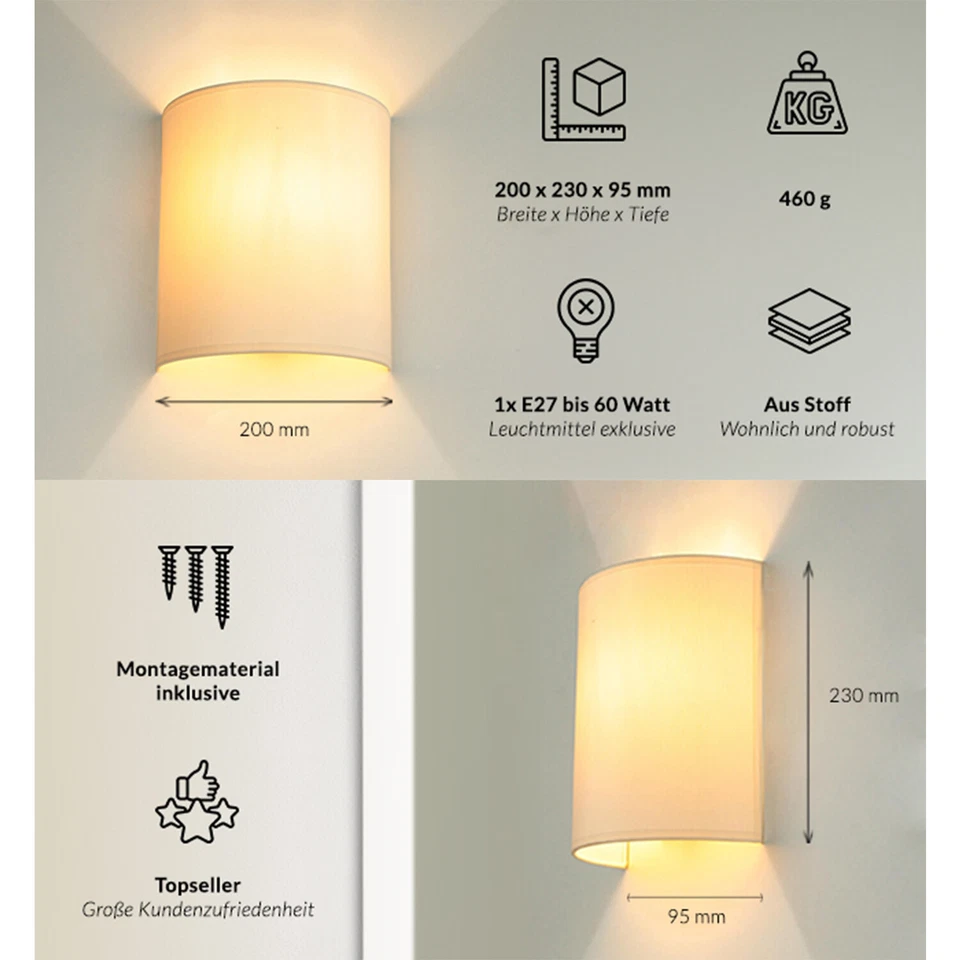 Lámpara De Pared Up Down Crema E27 Tela Metal Apliqué Interior Dormitorio - Imagen 4 de 4