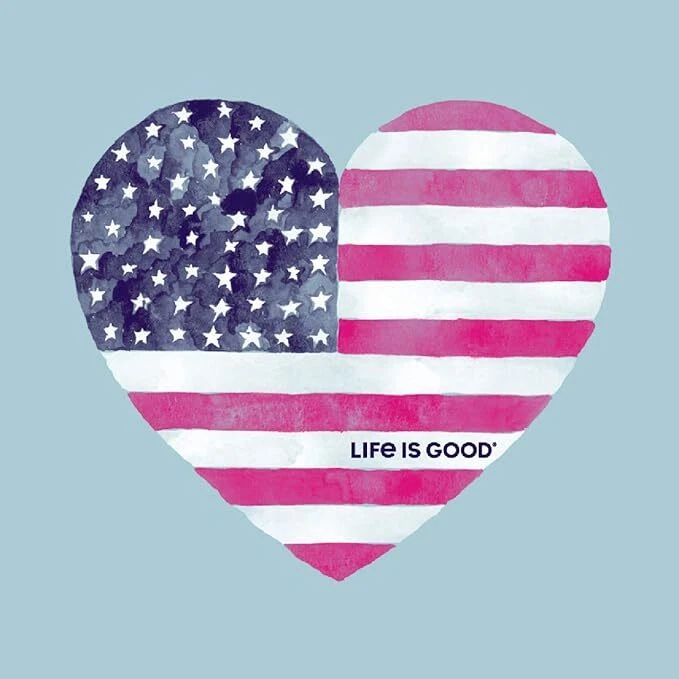 NWT Women's Life is Good Watercolor Heart Flag USA Beach Blue SS Crusher Vee