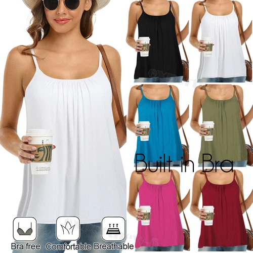 Women Adjustable Strap Flowy Sleeveless Camisole Vest With Built in Bra Tank Top - Picture 1 of 66
