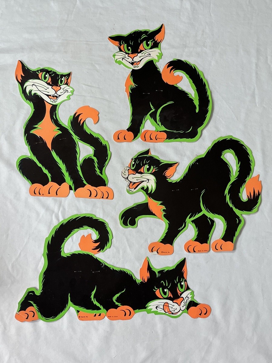 4 Original Vintage 1950's Cutout Black Cat Halloween Decor