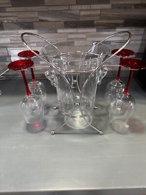 Gorham 6 Pcs. Reindeer White Wine Set 4 Glasses Ice Bucket Metal Caddy