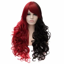 Lolita Women Long Curly Wavy Wigs Hair Black+Wine Red Cosplay Party Wig