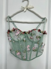 Green Embroidered Floral Mesh Corset Top Size M