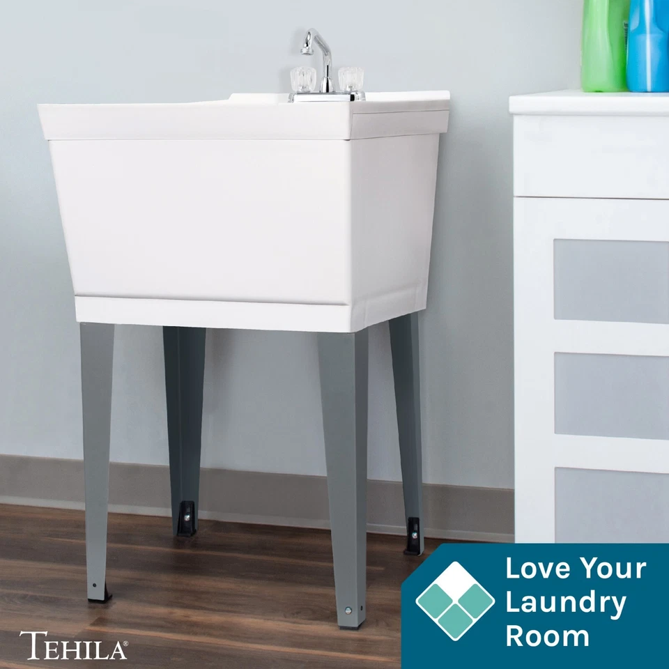 Utility Laundry Sink with Chrome Finish Dual Handle Faucet 19 Gallon - White - Image 3 of 4