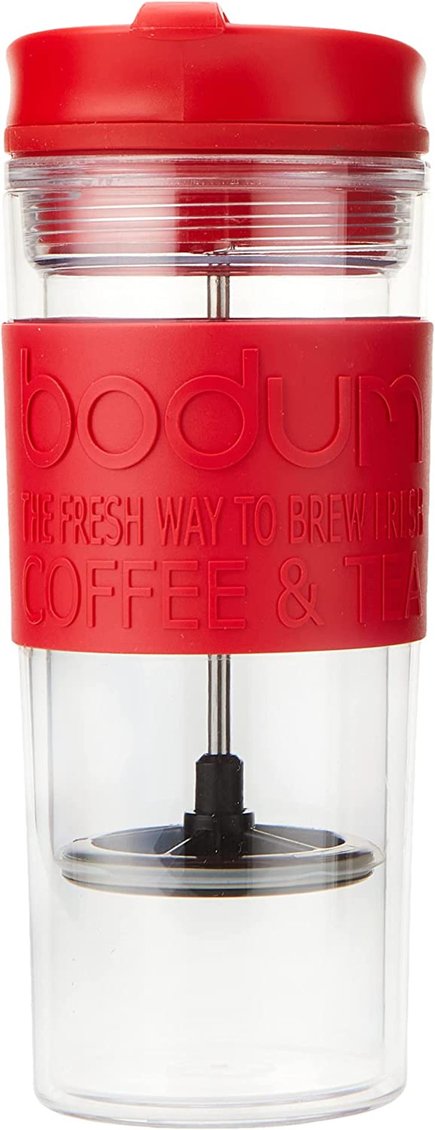 Insulated Plastic Travel French Press Coffee and Tea Mug, 0.45 L, 15Oz, Red