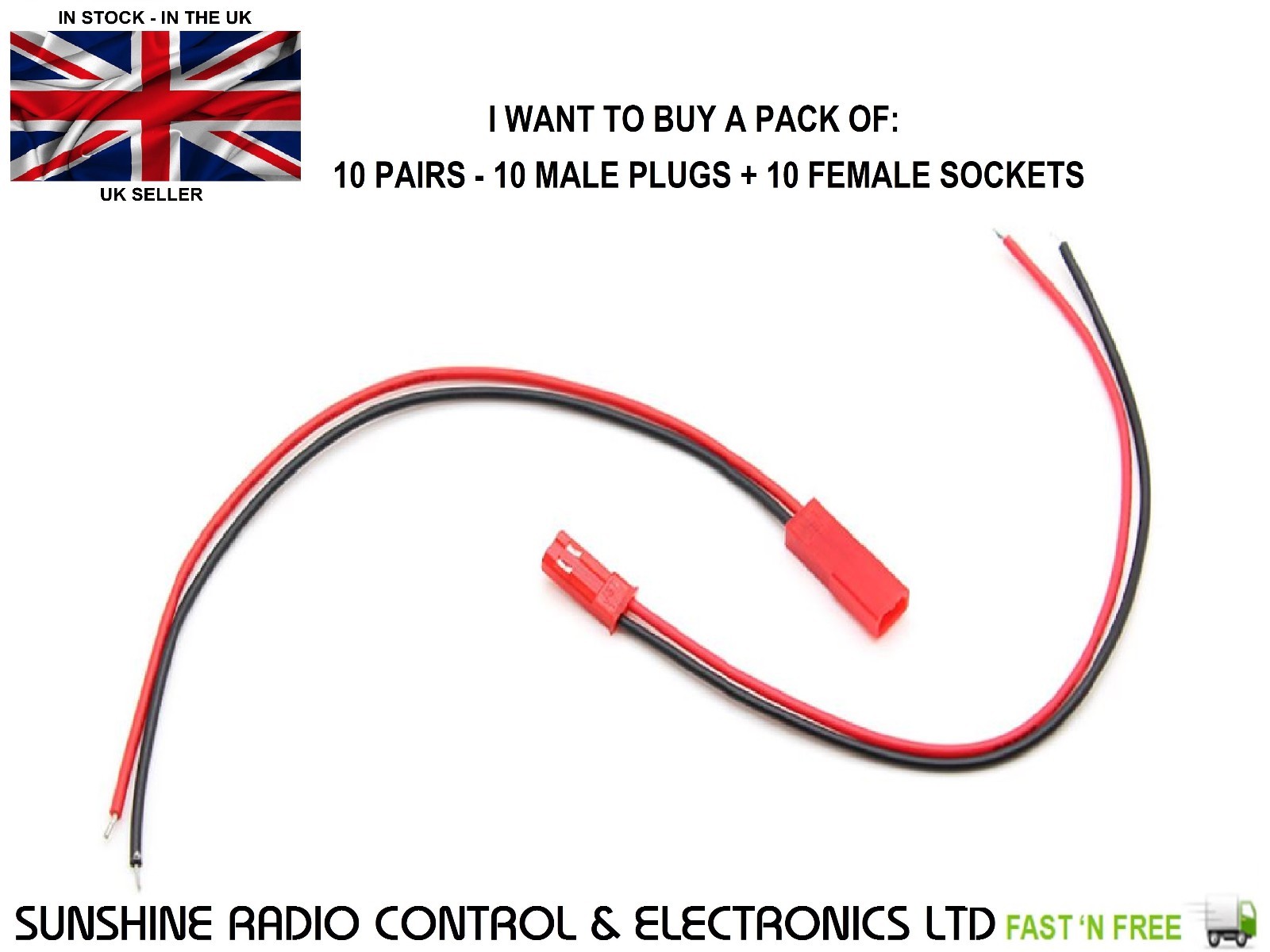 RC JST Plug & Socket Connectors PreWired Battery Leads 2 Pin 22awg Red