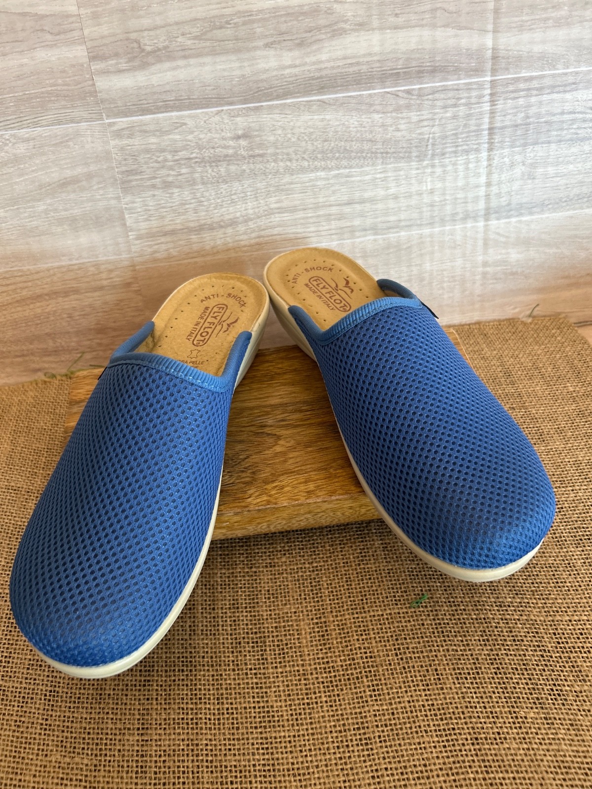 Fly Flot Blue Mesh Wedge Anti Shock Slip On Mules /Clogs -Italy Size 38/US 7