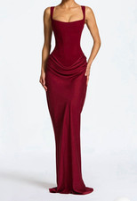 Comeia Mei Burgundy Satin Corset Lace-Up Square Neck Maxi Dress Women’s S