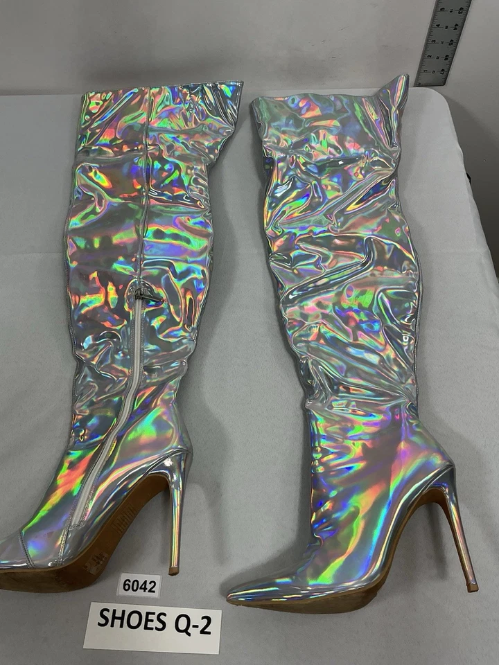 Botas altas hasta el muslo Cape Robin Pullon Stiletto 8,5 plateadas punta puntiaguda  Foto 2 de 4