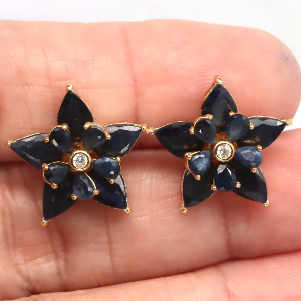 925 Sterling Silver Blue Sapphire & White Zircon Made in Thailand Earrings - image 2 of 3