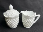 Fenton Hobnail Milk Glass Creamer & Covered Sugar Bowl | Vintage Unsigned | 3606