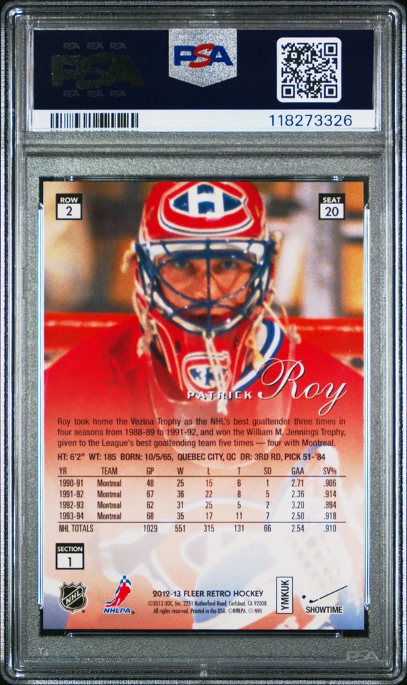 2012 FLEER RETRO FLAIR SHOWCASE ROW 2 #20 PATRICK ROY PSA 10 - Image 2 of 2