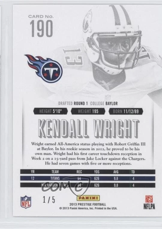 2013 Panini Prestige 2013 National /5 Kendall Wright #190 - Image 2 of 2