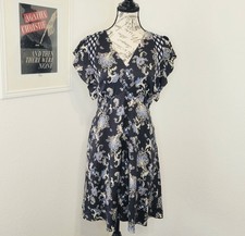 Rebecca Taylor Silk Blend Dress Black Floral Size 2 Pockets Flutter Sleeve