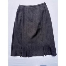 Vintage Charcoal Gray Herringbone Pleated Midi Skirt Size 8 Elastic Waist Work