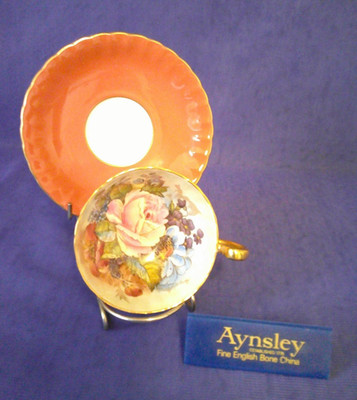 Aynsley Cabbage Rose Muster signiert J. A. Bailey rostfarbene Untertasse vergoldete Borte