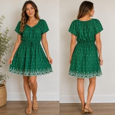2097 | LOFT Boho Eyelet Embroidered Scallop Hem Cotton Dress Green Womens L