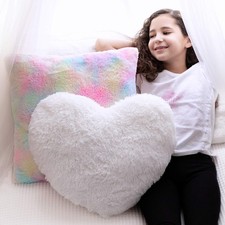 PERFECTTO Set of 2 Decorative Throw Pillows for Girls. White Fluffy Heart and...