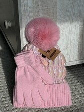 Girls Pink Knit Beanie Hat w/ Pom Pom, Lined, Matching Gloves Set One Size