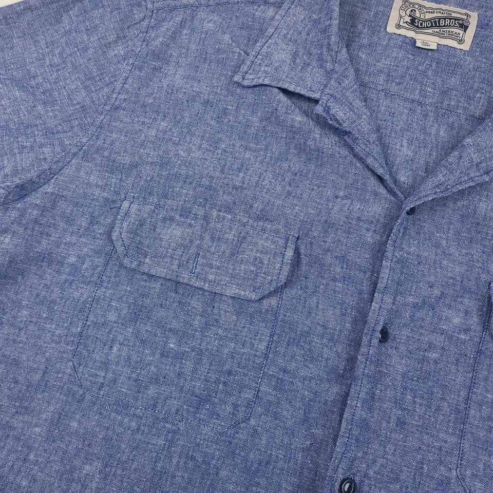 Camisa Schott Bros Chambray Para Hombres XXL Azul Manga Corta Abotonada Cuello de Campamento Foto 3 de 4