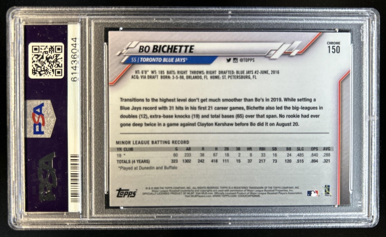 2020 Topps Chrome Bo Bichette RC Prism Refractor Rookie #150 Blue Jays PSA 10 view 2
