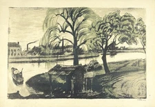 Kazuma Oda Lithograph "Ferry at Kawasaki" from Views of Osaka 1919 Signed Ed./