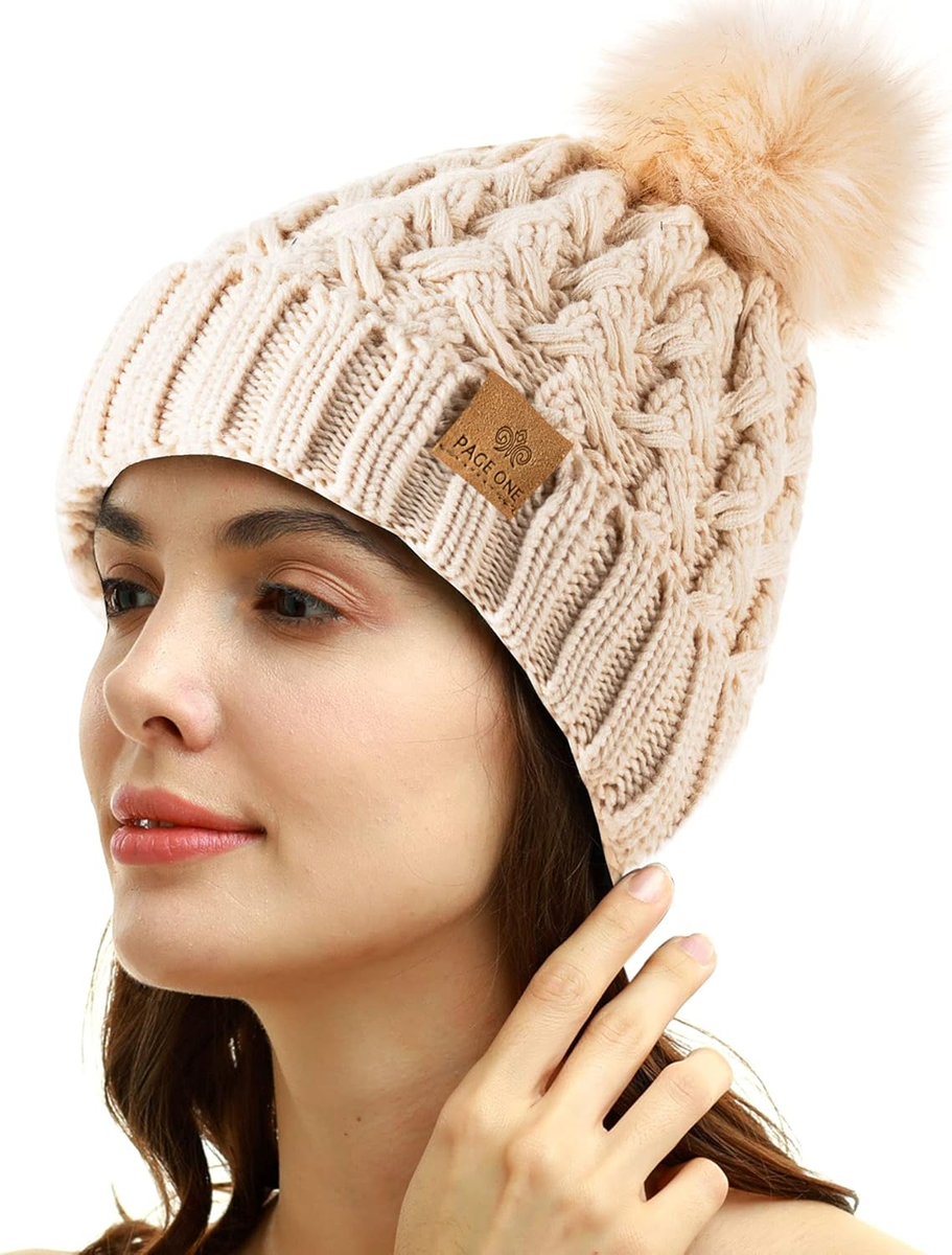 PAGE ONE Womens Winter Ribbed Beanie Crossed Cap Chunky Cable Knit Pompom Soft W Amazon.com: PAGE ONE Womens Winter Ribbed Beanie Crossed Cap  main image 4