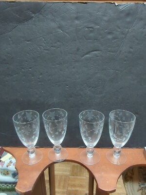 Vintage Antique Elegant Cut Glass Floral Flower Tumblers Etched  Glass Set Four 